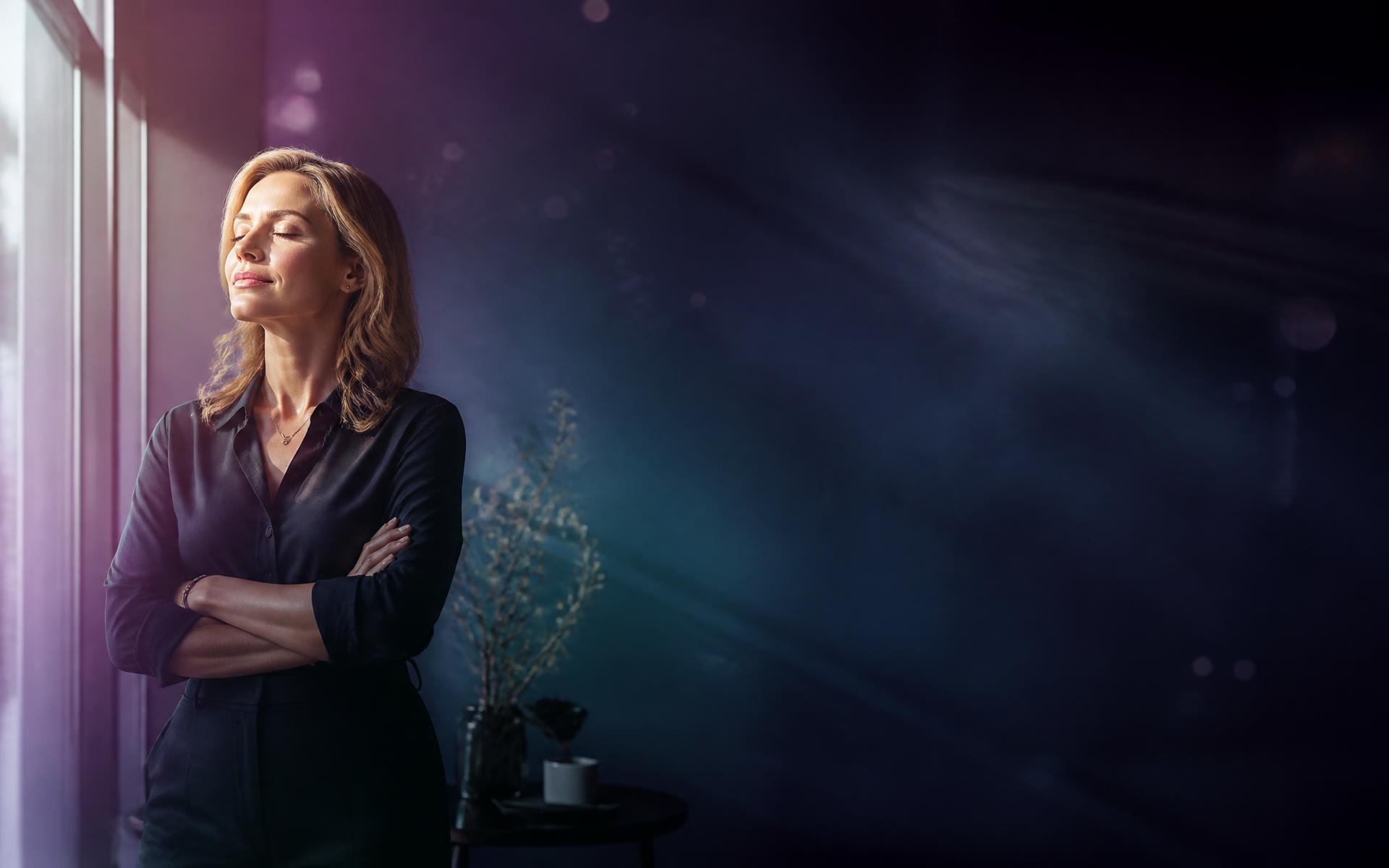 Woman standing in the light, calm and confident