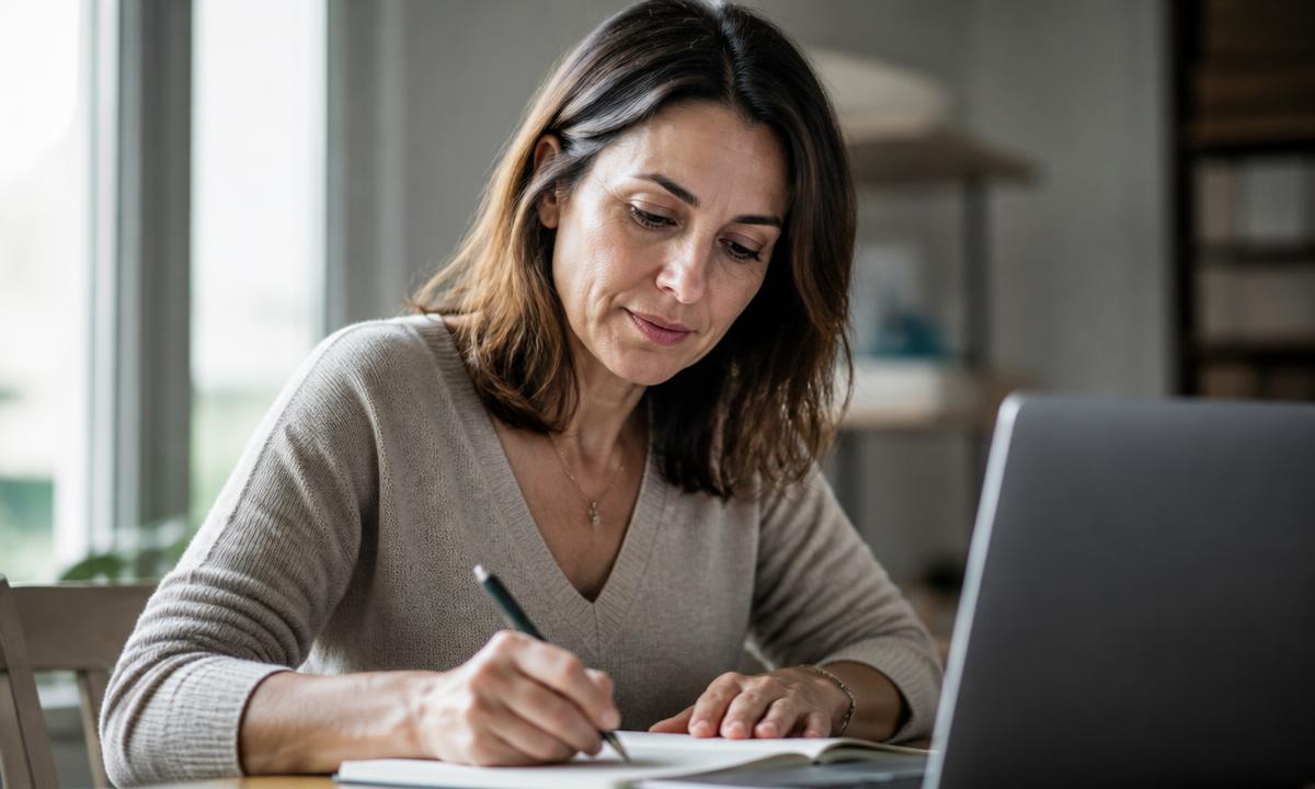 Woman writing her goals in a journal beside a video call