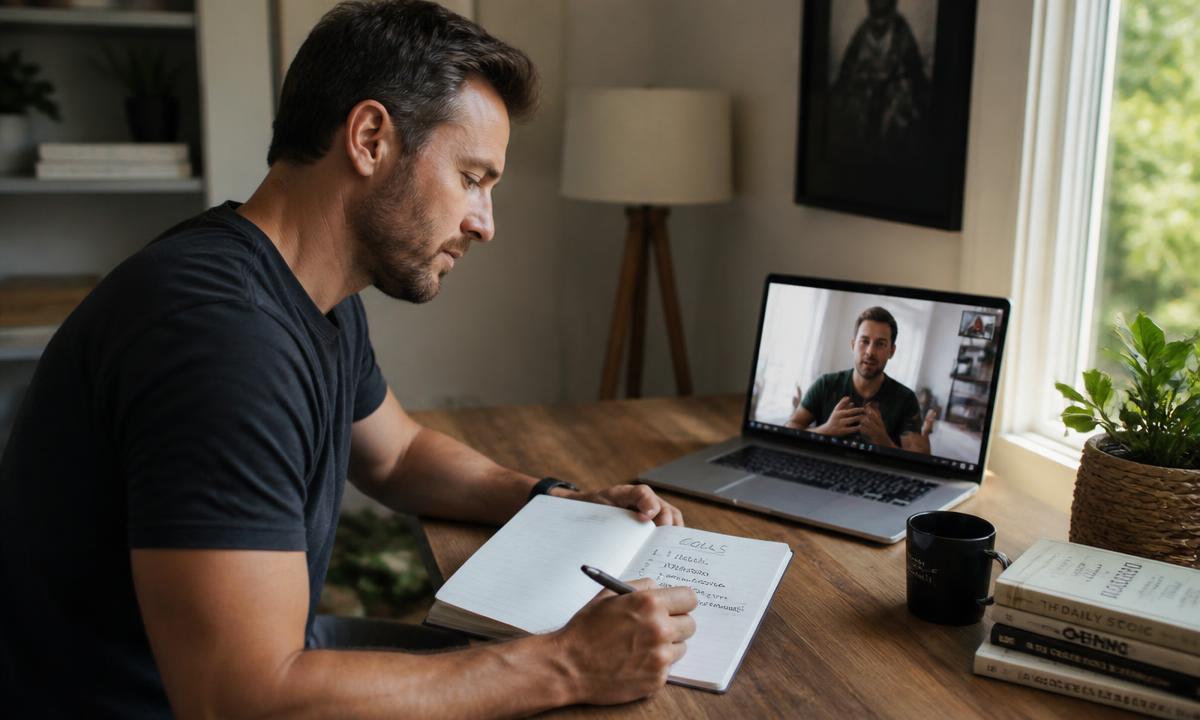 Person writing their goals in a journal beside a video call
