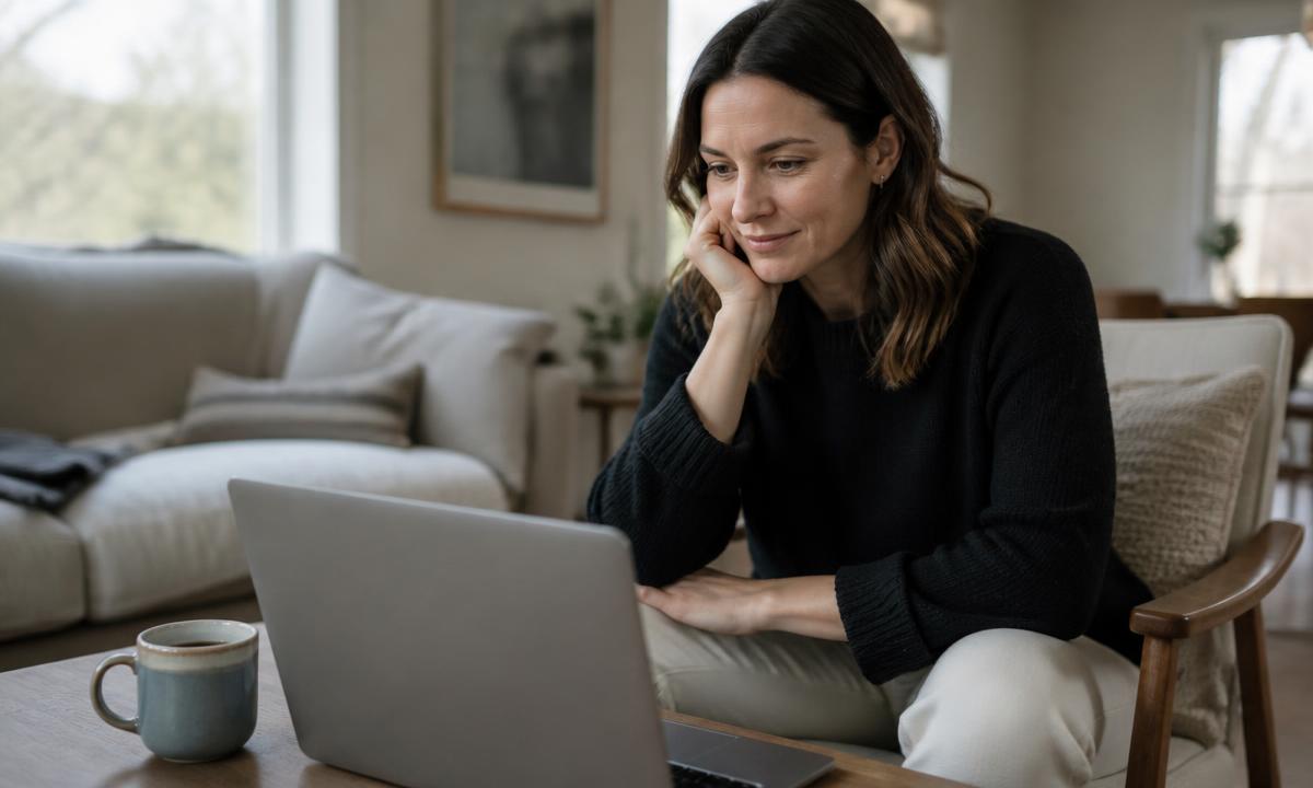 Woman in a calm one-on-one coaching session over video call