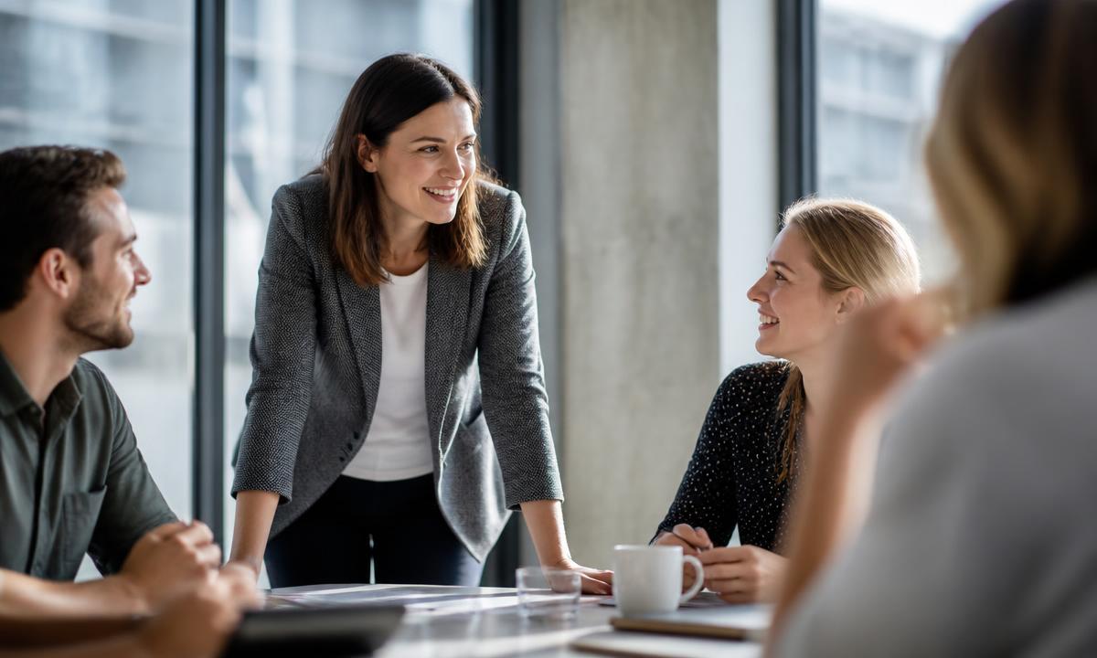 Confident woman leading a conversation with her team
